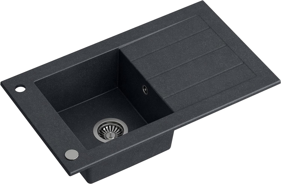 VBChome Spülbecken Premium 77x46 mit Armatur Schwarz Granitspüle Spüle Einbauspüle Abtropffläche Ein