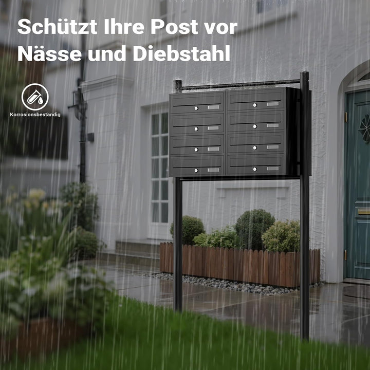 Wiltec 8er Briefkastenanlage schwarz 945 x 270 x 1500 mm, Standbriefkasten mit 2x4 Fächern, Schlüsse