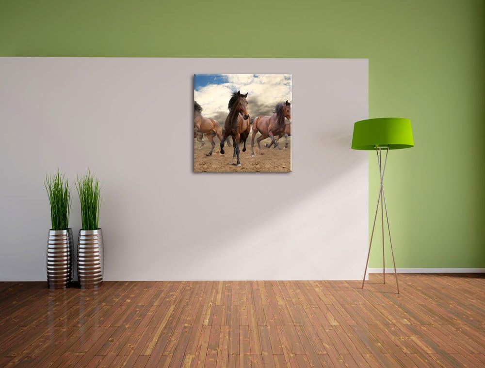 Western Pferde Cowboy, Format: 70x70 auf Leinwand, XXL riesige Bilder fertig gerahmt mit Keilrahmen,
