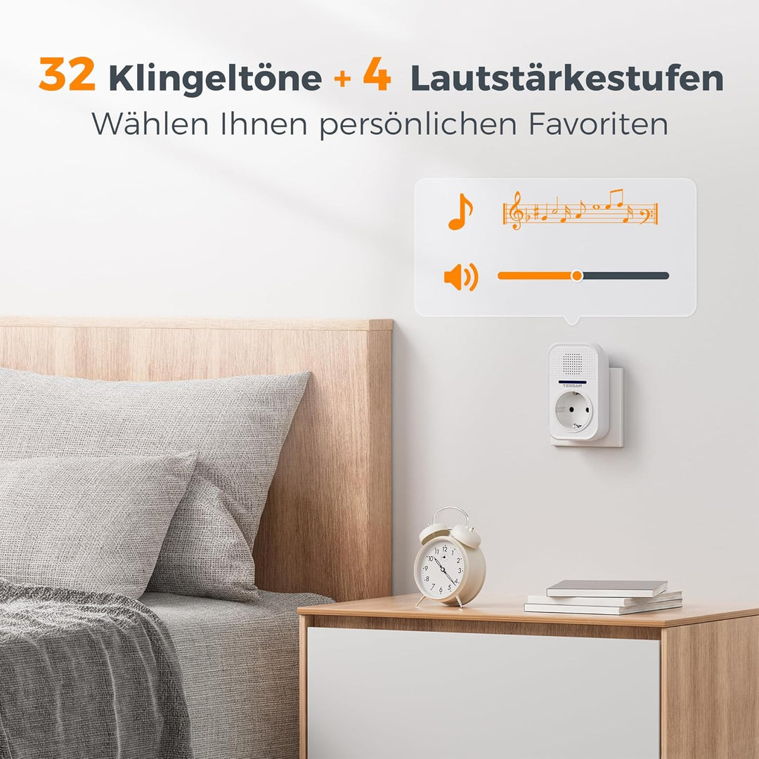 TESSAN Kabellose Türklingel Batterielose, Türklingel Funk mit EU Steckdose, Wasserdicht Klingel Funk