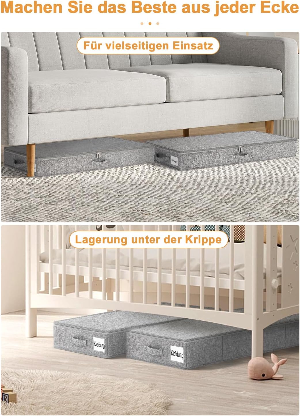 Unterbett Aufbewahrungsbox 12 cm, Stabil & Formstabil Unterbettkommode mit 3 Griffen & Doppelreissve
