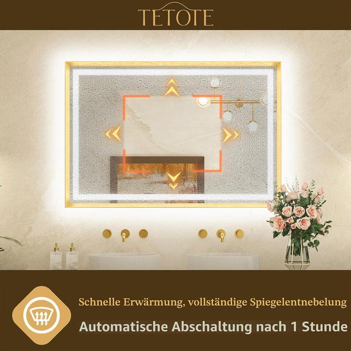 TETOTE Badspiegel mit Beleuchtung Gold Metallrahmen 120x80cm, Badezimmerspiegel Beleuchtet Beschlagf