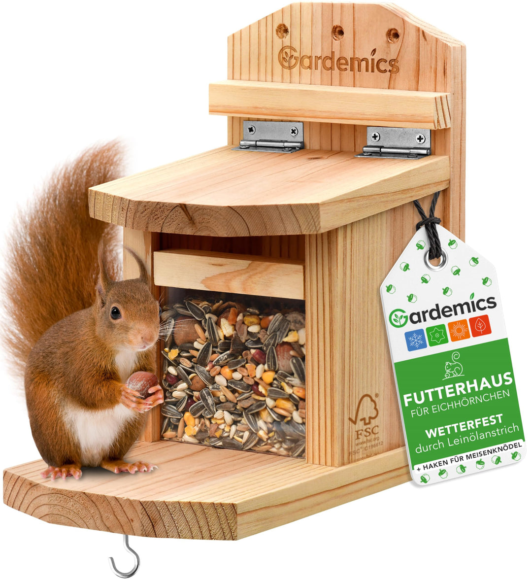 Gardemics Eichhörnchen Futterhaus wetterfest - Stabiles Eichhörnchen Haus aus verschraubtem Holz mit