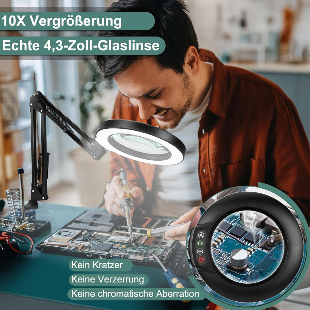 Veemagni 10X Lupe mit Licht, 5 Farbmodi Stufenlos Dimmbar, Verstellbarer Schwenkarm LED Beleuchtete
