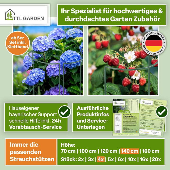 TTL GARDEN Strauchstützen 140cm x 40cm 4er Set - Pflanzenstütze Stahl rostfrei Kunststoff beschichte