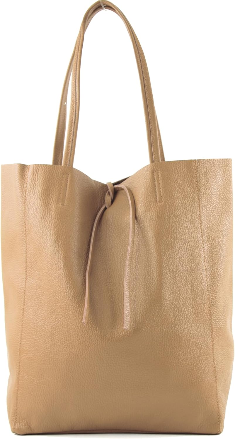 modamoda de T163 Damen Leder Shopper Schultertasche, handmade in Italy Beige, Beige