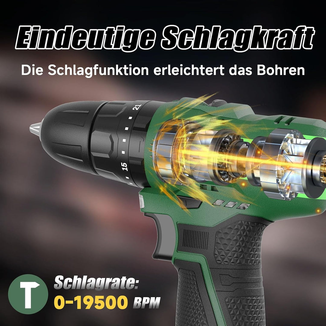 Akku-Schlagbohrmaschine 12 V, PULITUO schlagbohrschrauber set, Akkuschrauber mit 3/8" Metallfutter,