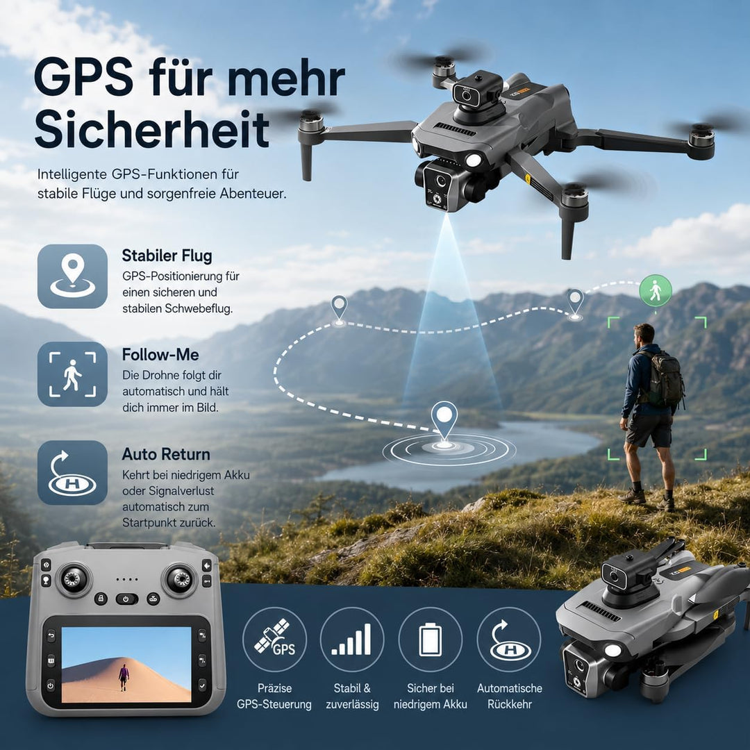K19 GPS Drohne mit 4K Kamera, Fernbedienung mit Live-Display, 600m Reichweite, 360° Hindernisvermeid