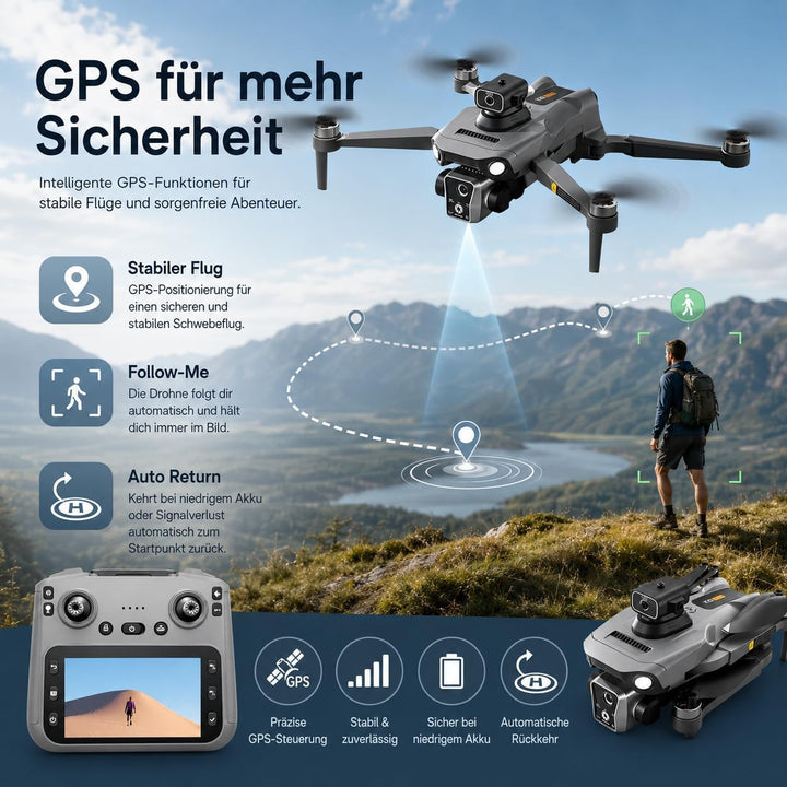 K19 GPS Drohne mit 4K Kamera, Fernbedienung mit Live-Display, 600m Reichweite, 360° Hindernisvermeid