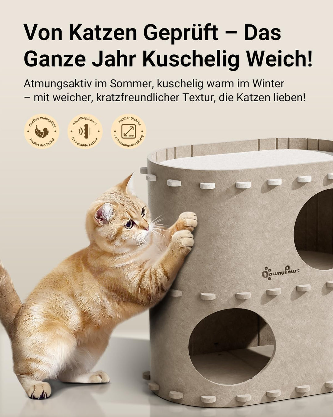 DownyPaws Katzenhöhle aus Filz, 2-stöckige Katzenbett, 50 x 33 x 50 cm Schloss Katzenhaus zum Spiele