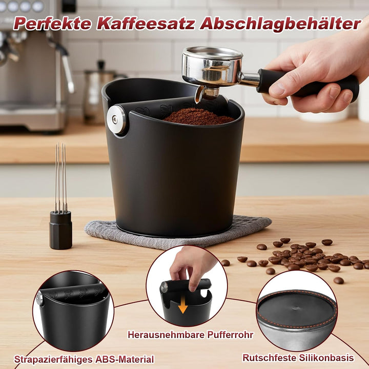 Abklopfbehälter für Siebträger Set, 6PCS Kaffeesatz Abschlagbehälter mit Tampermatte, Kaffeestampfer