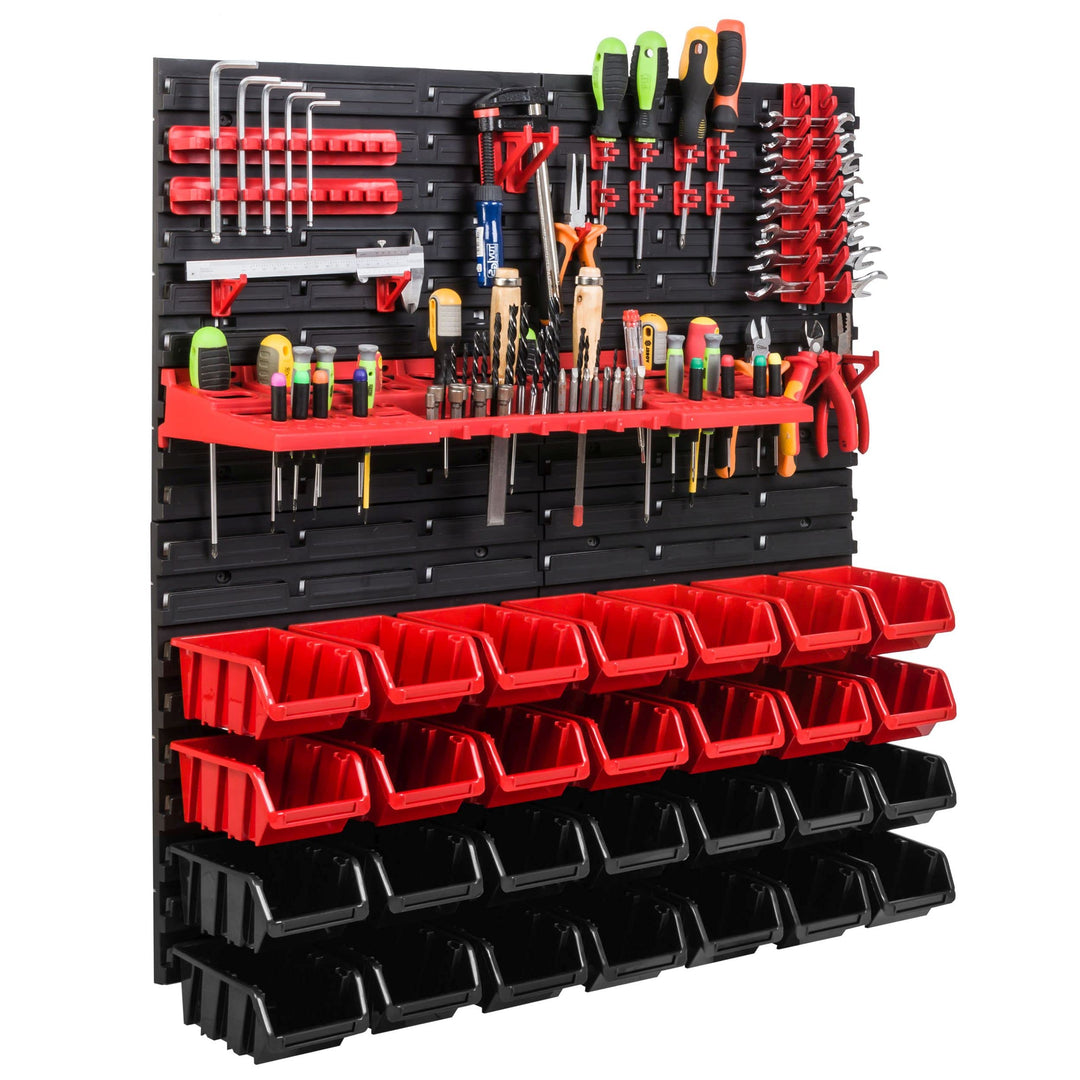 Lagersystem Werkstattregal | 78 x78 cm | 28 stck. Box | Wandregal mit Werkzeughalterungen und Stapel