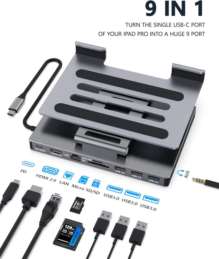 iPad Pro USB C Hub Stand, 9-in-1 Adapter für iPad Pro M4 M2 13 12.9 11 Zoll Docking Station Faltbar
