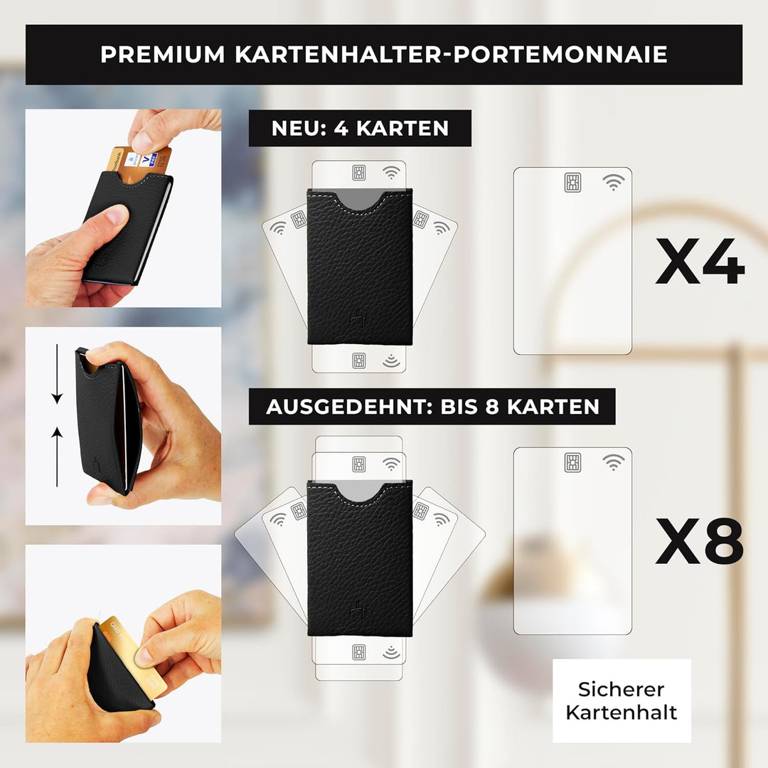W4LLET® Kartenetui Herren, Strukturleder Schwarz | Echtleder, Premium RFID Schutz | Handgefertigt in