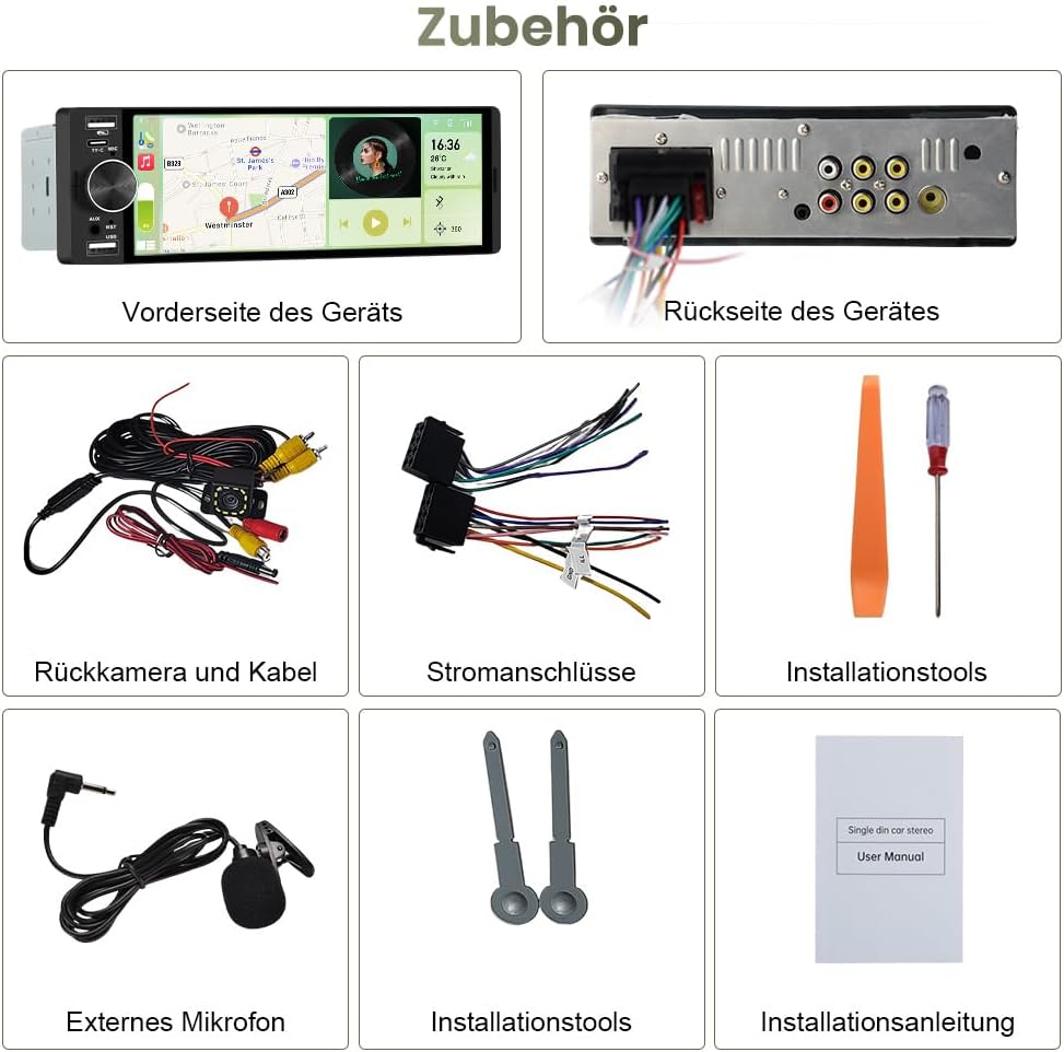 1 DIN Universales Autoradid mit Carplay, Android Auto, 6,28 Zoll | mit Rückfahrkamera, Online Naviga