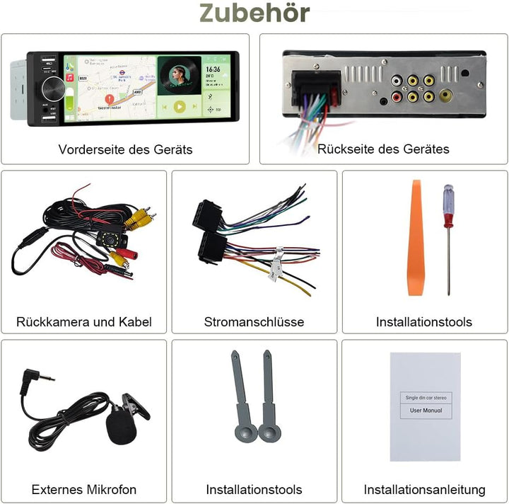 1 DIN Universales Autoradid mit Carplay, Android Auto, 6,28 Zoll | mit Rückfahrkamera, Online Naviga