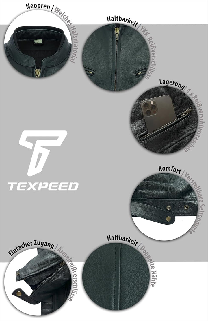Texpeed Motorrad lederjacke herren mit protektoren - Schwarz Bikerjacke - Motorrad mit original bike