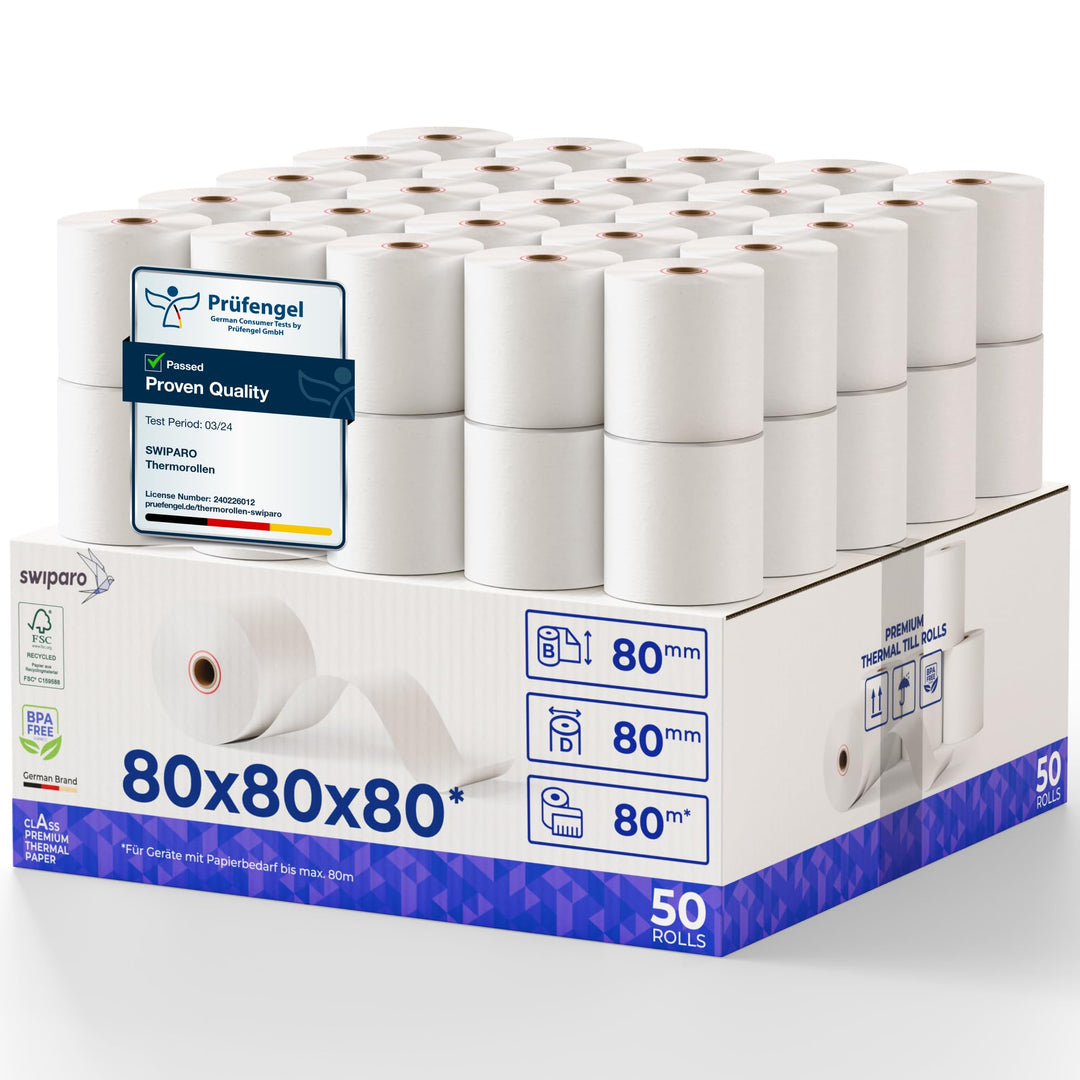 SWIPARO - Thermorollen 80mm x 80m x 12mm - Kassenrollen - Bonrollen zertifiziert für Registrierkasse