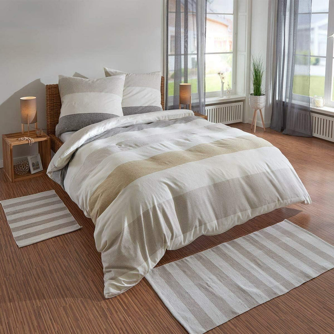 Traumschlaf Biber Bettwäsche Streifen Natur ideal für kalte Nächte Made in Germany mit Reissverschlu