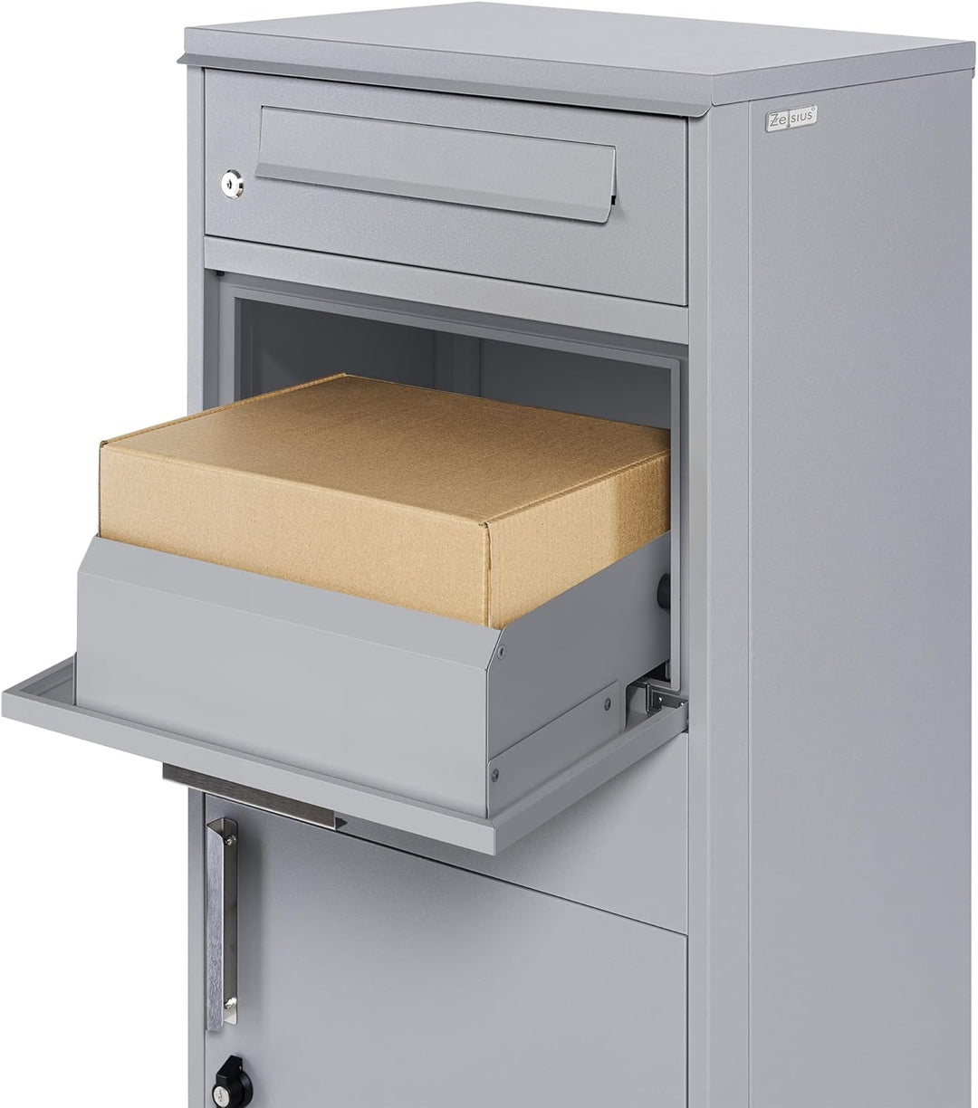 Zelsius Paketbriefkasten | RAL9007 Grau | verzinkter pulverbeschichteter Stahl mit Edelstahl Element
