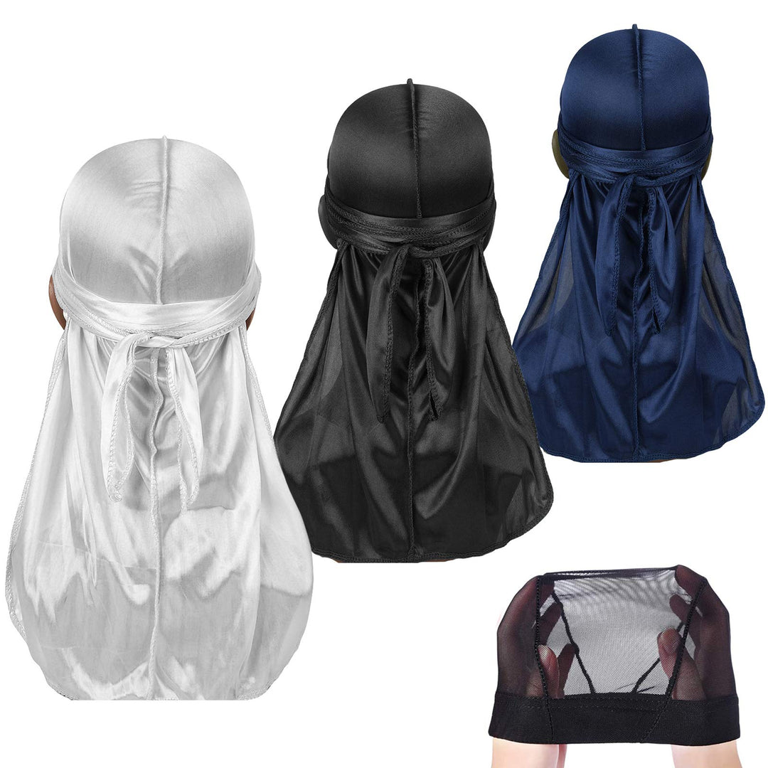 3 Stück Seidige Durag Packung mit Wellenkappe für Männer Frauen Wellen, Satin Doo Rag, Kopfwickel Du