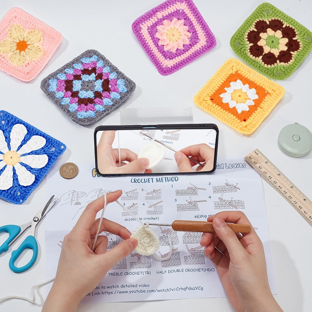 ORIGACH 6 in 1 Granny Square Häkelset Für Anfänger, DIY Starter Häkelset Für Erwachsene Mit Häkelblo