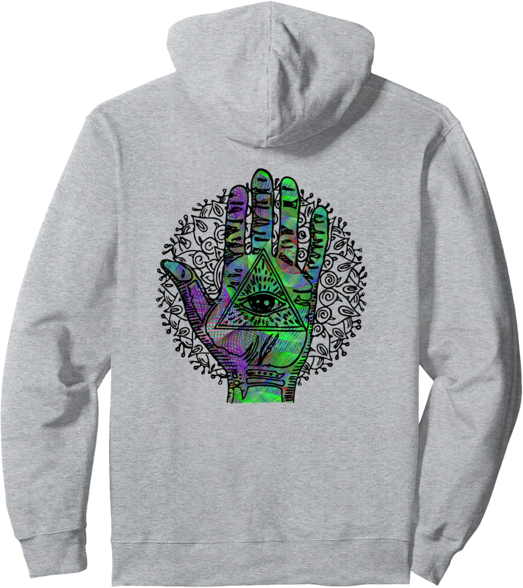 Psychedelic Hamsa Hand Trippy Colorful Third Eye Green Swirl Pullover Hoodie