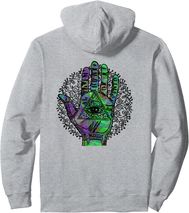 Psychedelic Hamsa Hand Trippy Colorful Third Eye Green Swirl Pullover Hoodie