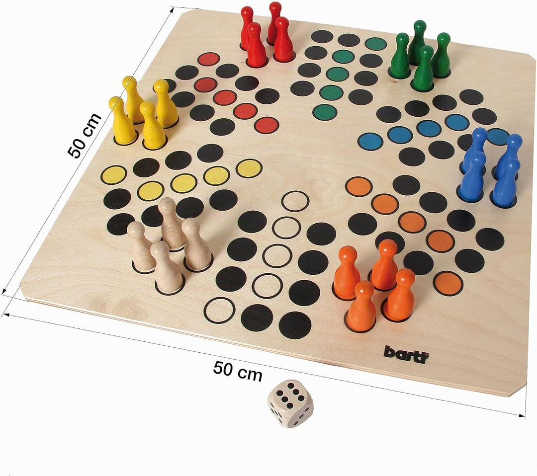 Bartl 108412 Brettspiel Ludo für 6 Personen gross aus Holz XXL Format 50cm x 50cm, Ludo für 6 Person