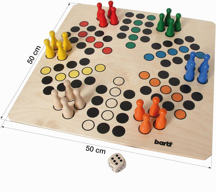 Bartl 108412 Brettspiel Ludo für 6 Personen gross aus Holz XXL Format 50cm x 50cm, Ludo für 6 Person