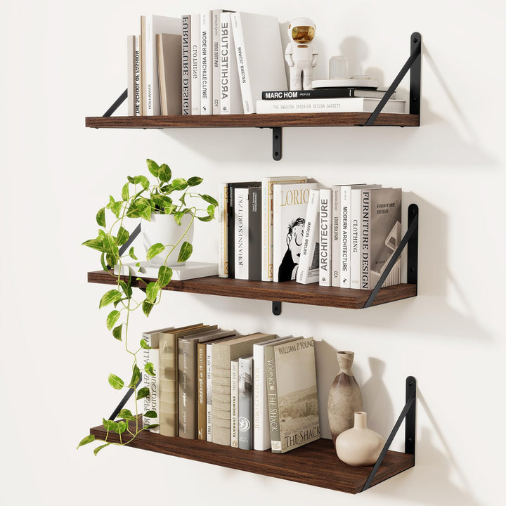 Feihorrm 3er Set Bücherregal, Wandregal Dunkel Braun, Regal 60cm Breit | Wandregal Holz, Bücherregal
