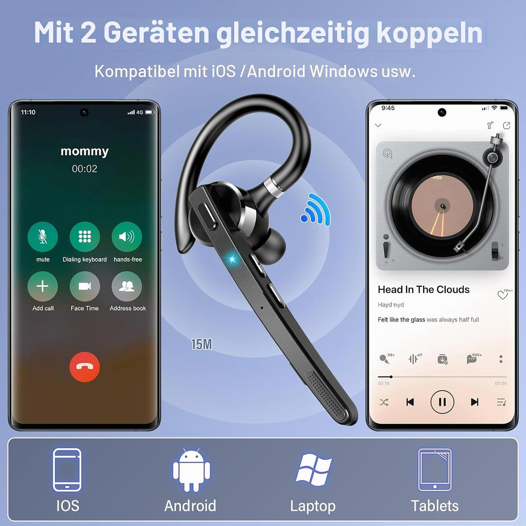 Bluetooth Headset V5.3, Wireless Freisprech Telefon mit CVC 8.0/ENC Dual Mic, APTX, Mute Zwei-Geräte