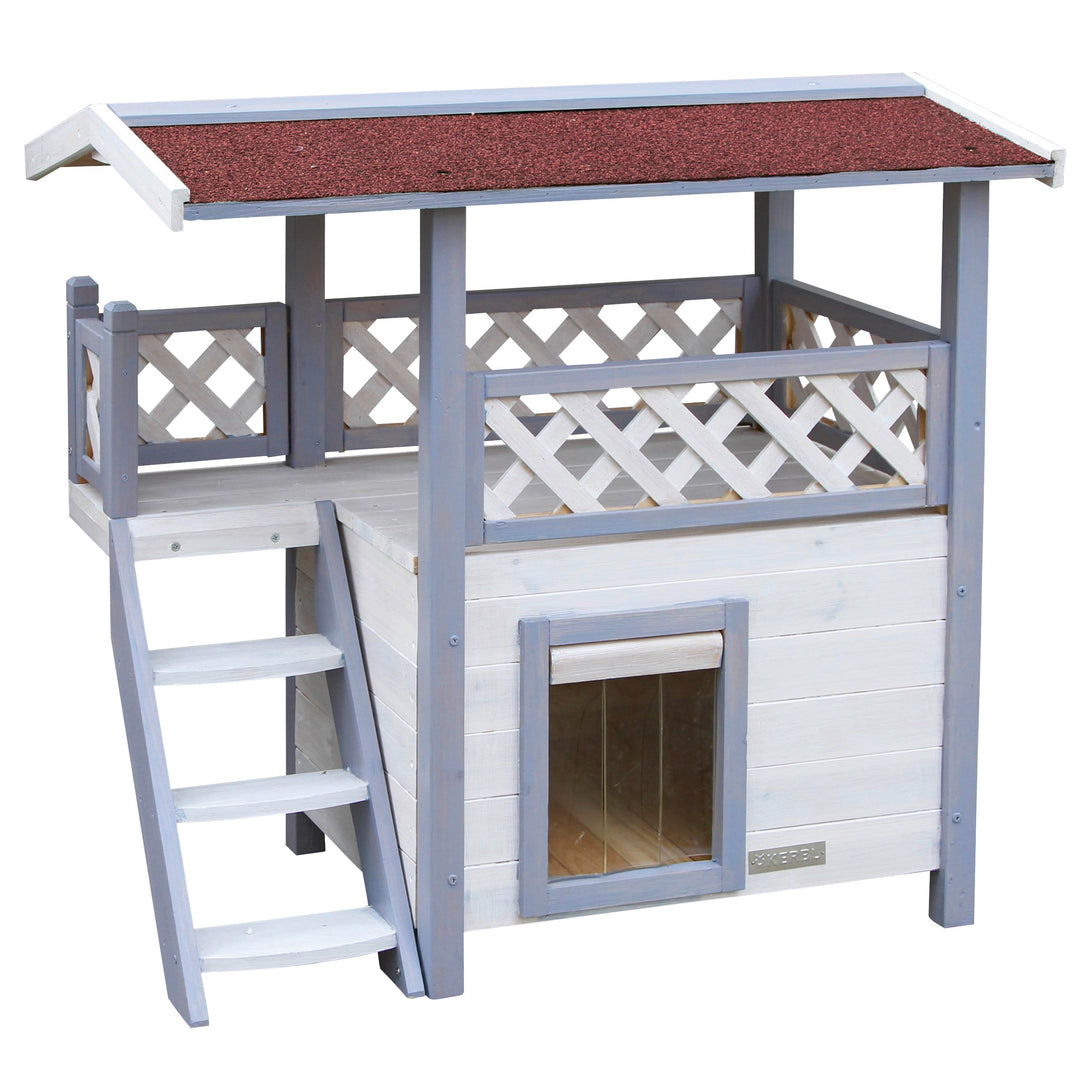 Kerbl Pet Katzenhaus Lodge Ontario, Katzenhütte, hellgrau, rot, 77x50x73cm, Spiesstanne, Kunststoff,