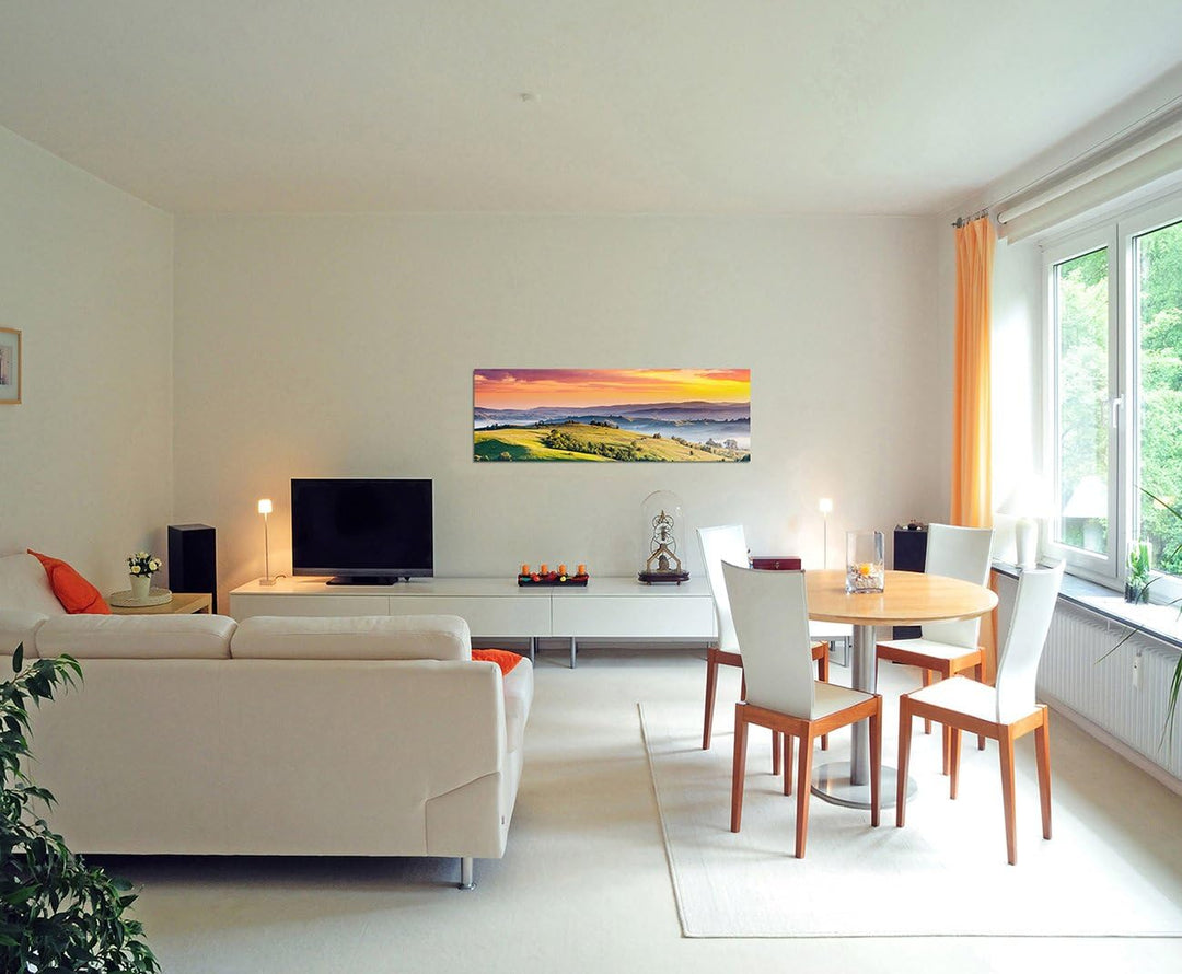 Paul Sinus Art Panoramabild auf Leinwand und Keilrahmen 150x50cm Ukraine Berge Wiesen Wolken Sonnenu