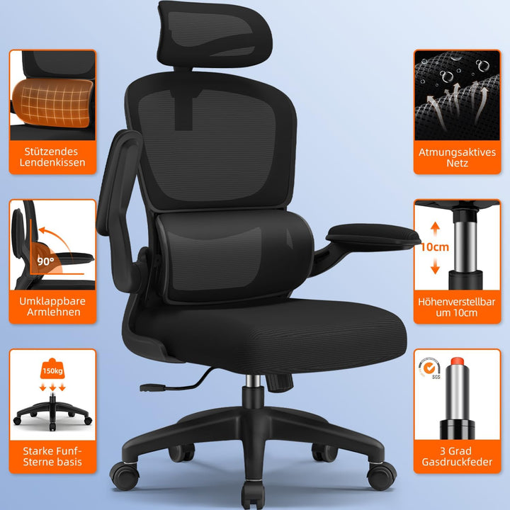 Bürostuhl, Bürostuhl Ergonomisch, Schreibtischstuhl mit 5D-Lendenwirbelstütze und Kopfstütze, 90° kl