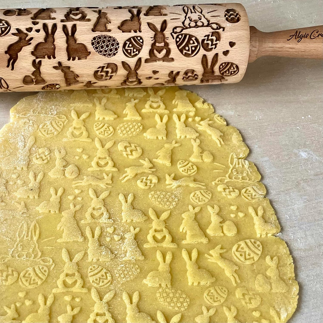 OSTERNHASE Geprägte Nudelholz. Teigrolle für Hausgemachtes Gebäck für Ostern. Nudelholz mit muster v