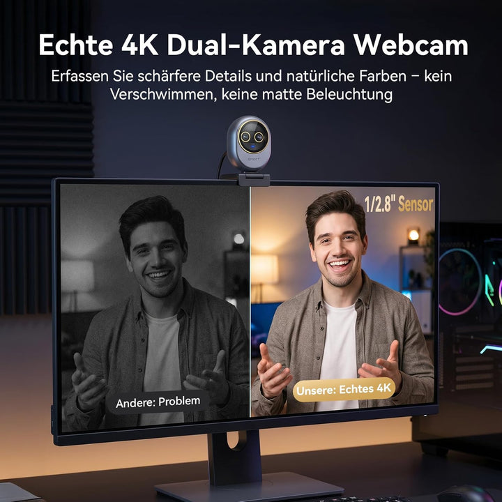 EMEET Piko Dual 4K Webcam mit Fernbedienung, Streaming Kamera mit Dual-Objektiv (Weitwinkel & Tele),