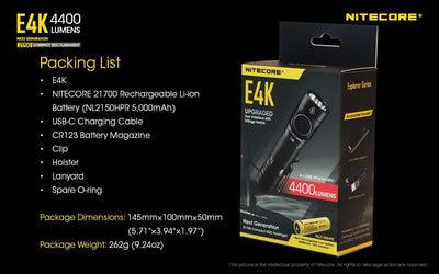 NITECORE E4K - 4400 Lumen, Akku über USB ladbar