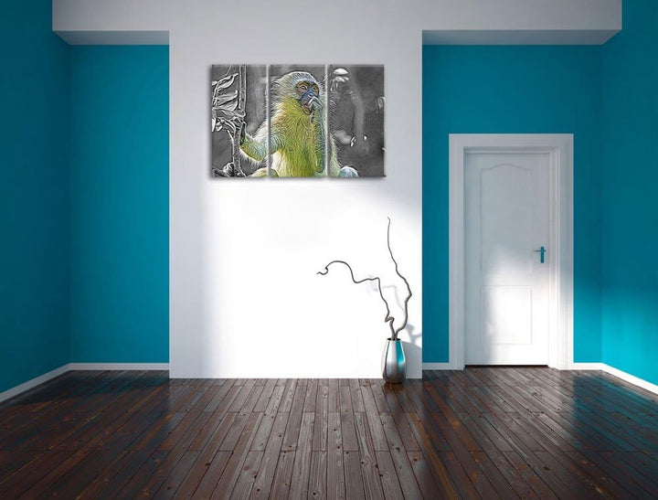 junges Äffchen auf Baum schwarz/weiss Spezial 3-Teiler Leinwandbild 120x80 Bild auf Leinwand, XXL ri
