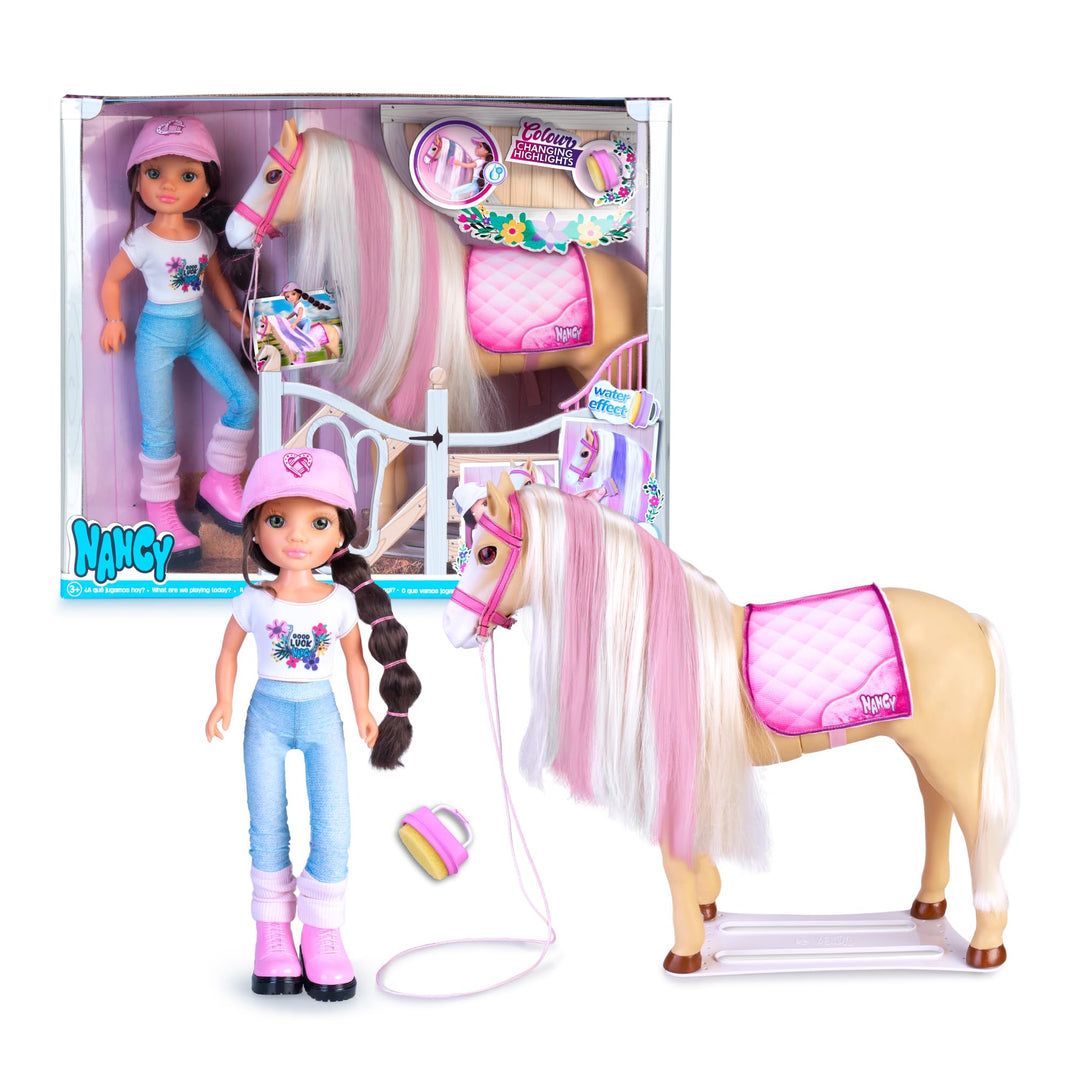 NANCY - A Day with her Horse, Modepuppe mit Pferd, Pflegezubehör, Bürstenschwamm, der die Farbe des