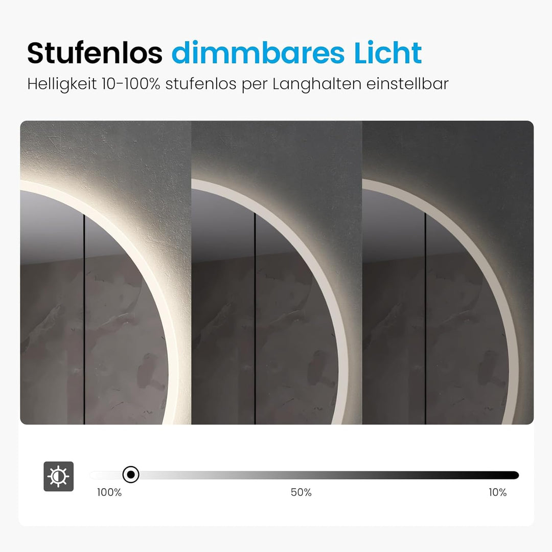 Heilmetz Bluetooth Badspiegel mit Beleuchtung Rund 60cm, LED Badezimmerspiegel mit Licht, Uhr, Antib