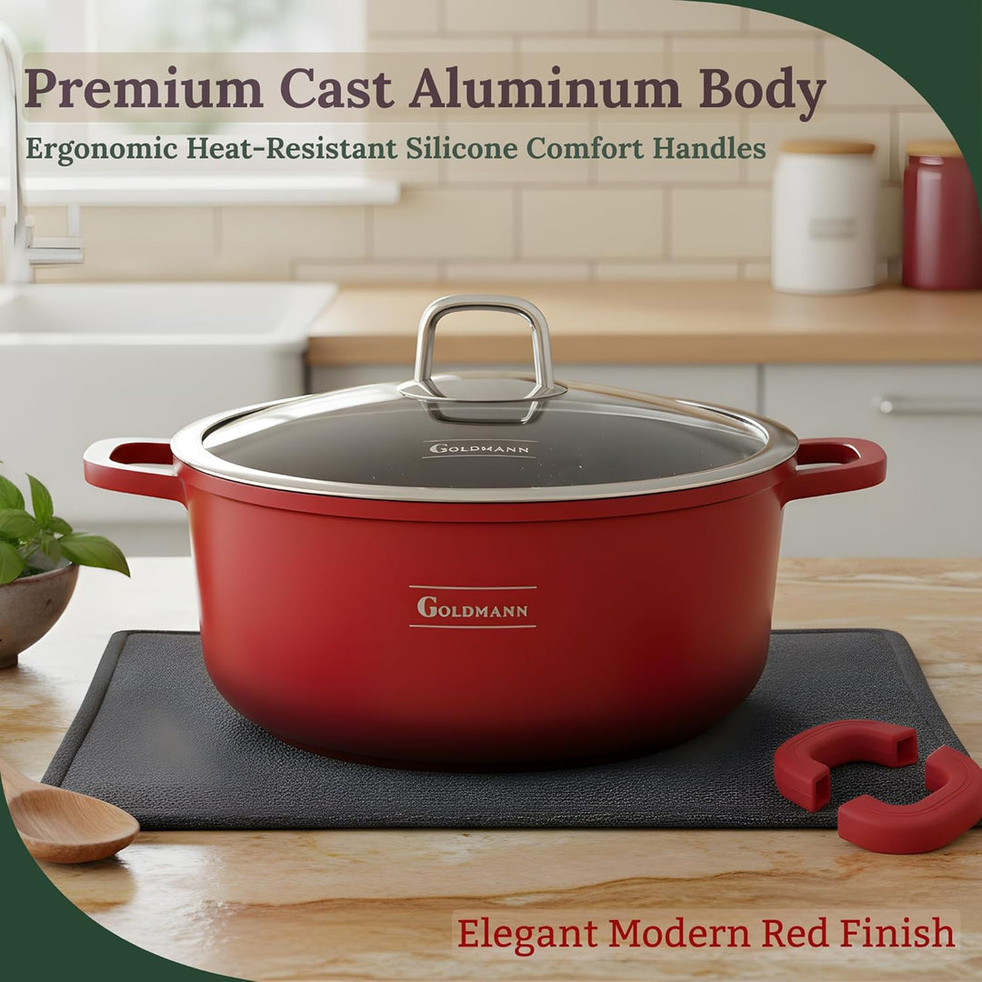 GOLDMANN Premium Gussaluminium Kochtopf 24 CM – 4.5 L – Modern Rot – Keramik-Marmor-Antihaft-Kassero