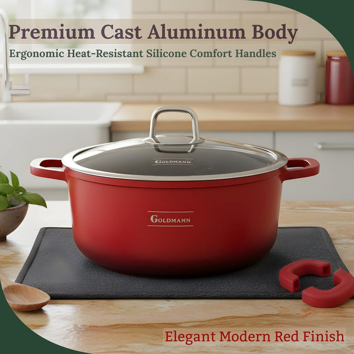 GOLDMANN Premium Gussaluminium Kochtopf 24 CM – 4.5 L – Modern Rot – Keramik-Marmor-Antihaft-Kassero