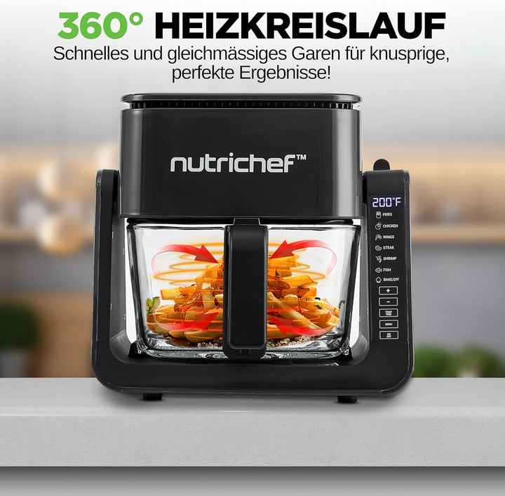 Nutrichef Heissluftfritteuse + Elektrogrill, 4L Airfryer mit Sichtfenster bis 360°C, 7 Programme, An