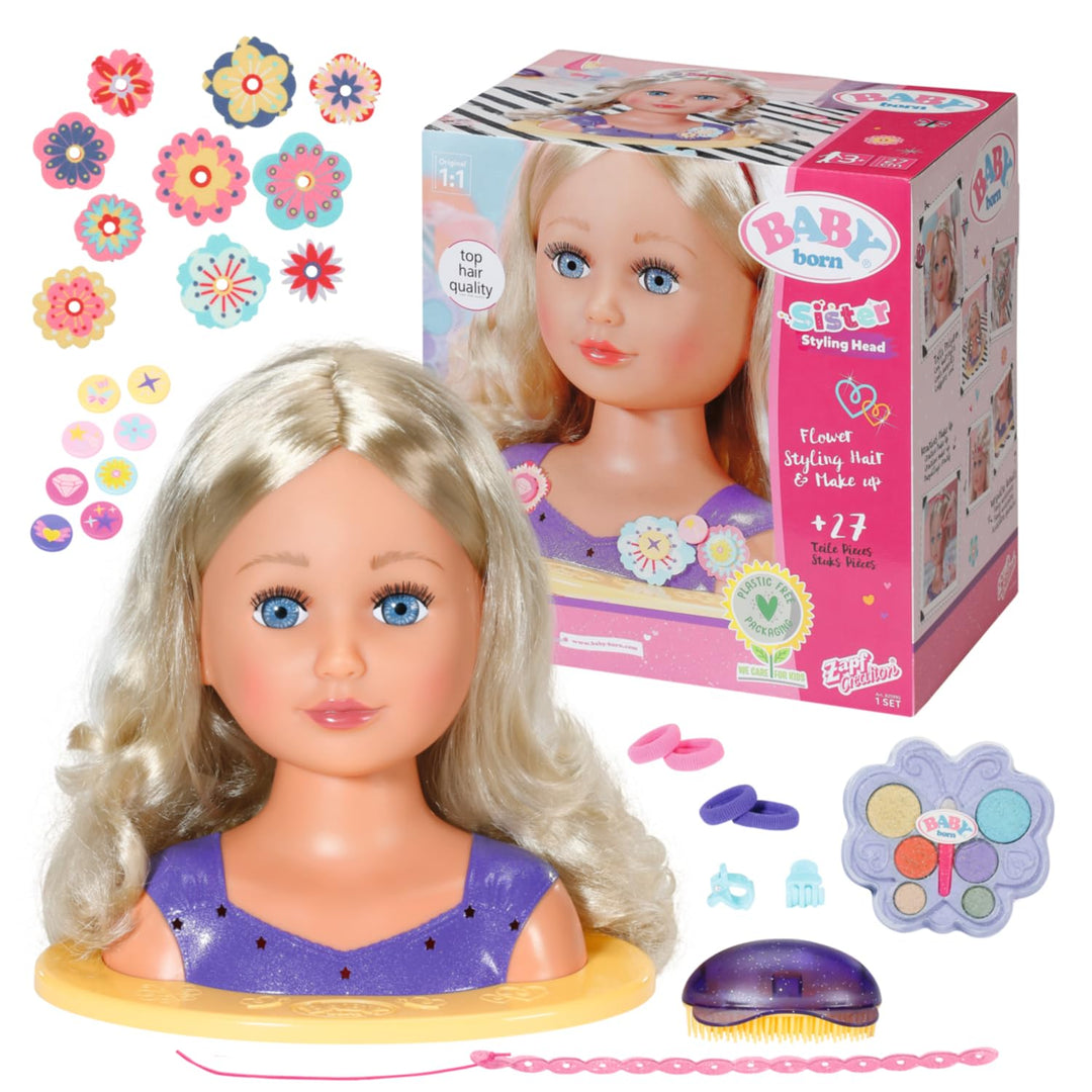 BABY born 825990 Sister Styling Head, Puppen-Frisierkopf zum Schminken, Stylen und Frisieren mit hoc