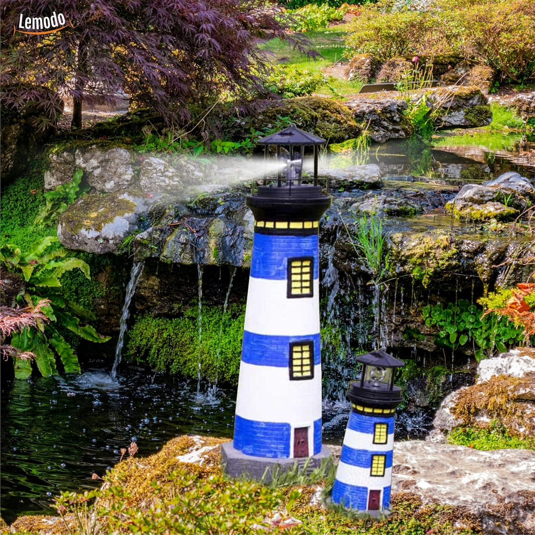 NATIV LEMODO Gartendeko Leuchtturm 83cm hoch | Handbemalte Gartenfigur mit solarbetriebenem, rotiere