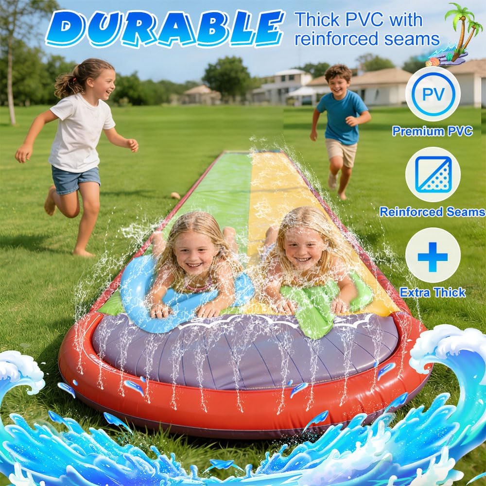 Wasserrutsche Garten für Kinder, 19.7ft/600cm Wasserrutsche mit 2 Bodyboard, Doppelrutsche Wasserrut