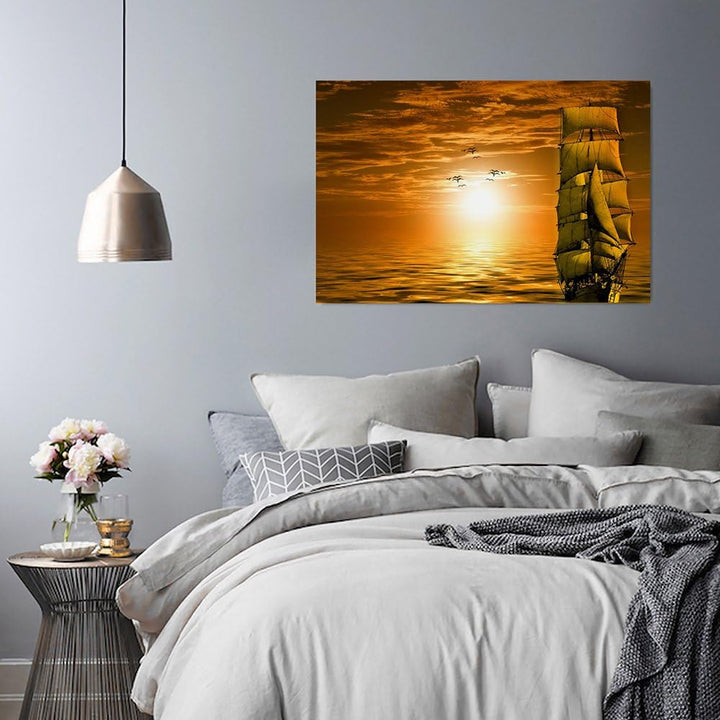 Feeby Bilder Sonnenuntergang Schiff Ozean 80x60 cm 1 Teilig Wohnzimmer Schlafzimmer Büro Flur Küche
