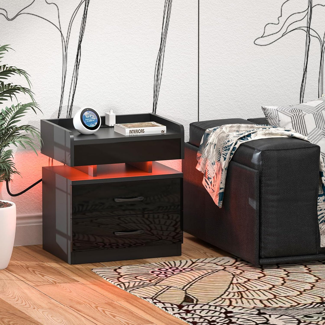 Nachttisch Schwarz mit Steckdose, Nachtschrank mit Ladestation und USB Anschlüsse, Nachttisch mit LE