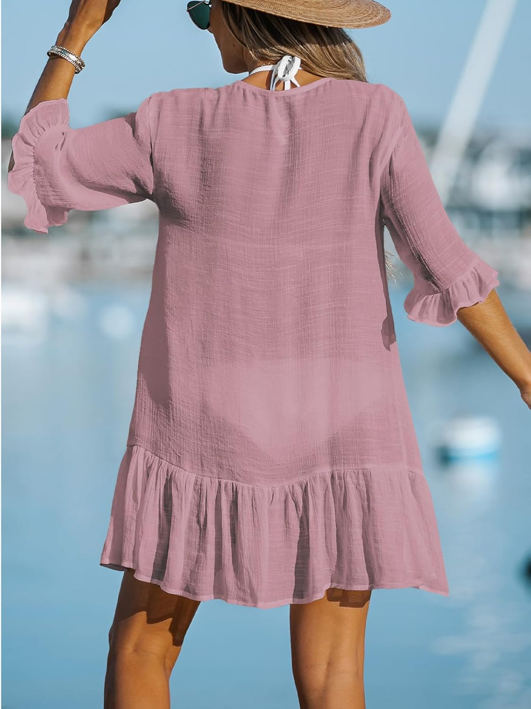 CUPSHE Damen Strandkleid Bikini Cover Up V Ausschnitt Knöpfen Rüschensaum Freizeitkleider Sommer Bea